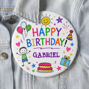 Colorful Doodle Happy Birthday Custom Name Kids Button