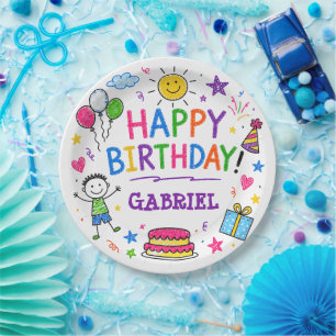 Colorful Doodle Happy Birthday Custom Name Kids Paper Plates