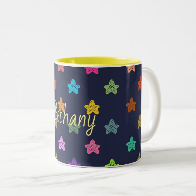 Colorful Doodle Hearts on Blue Two-Tone Coffee Mug (Front Right)