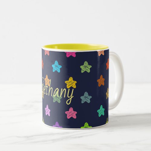 Colorful Doodle Hearts on Blue Two_Tone Coffee Mug