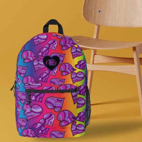 Colorful Doodle Hearts on Rainbow Gradient Name  Printed Backpack