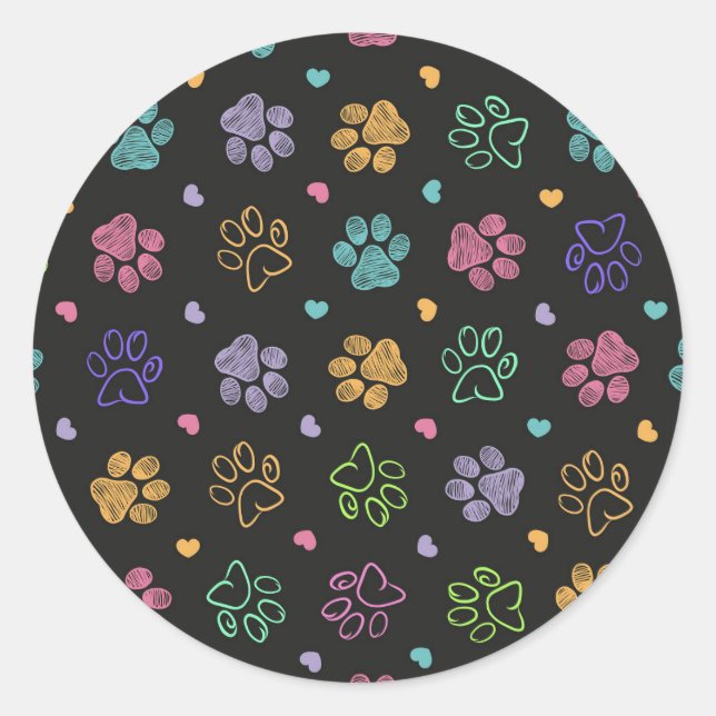 Colorful doodle paw prints classic round sticker (Front)