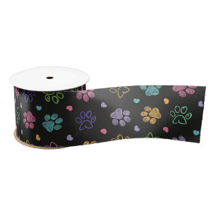 Colorful doodle paw prints satin ribbon