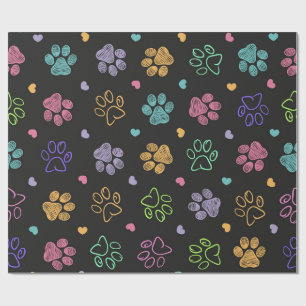 Colorful doodle paw prints wrapping paper