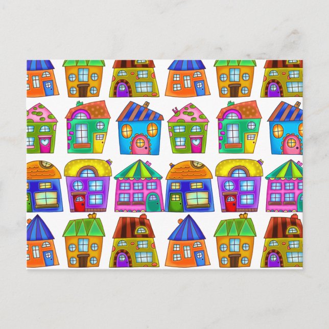Colorful Doodle Quirky Detached Residential Houses Postcard (Front)