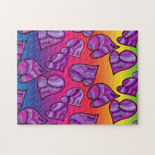 Colorful Doodle Rainbow Hearts Pattern Jigsaw Puzzle