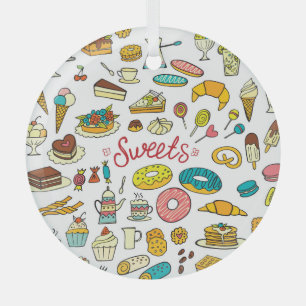 Colorful doodle sweets: dessert design glass ornament