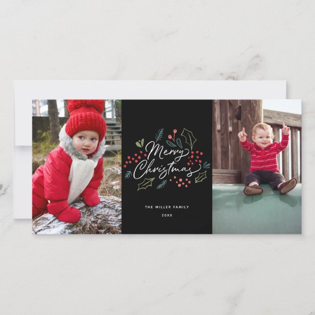 Colorful Doodles Merry Christmas 2 Photo Black Holiday Card (Front)