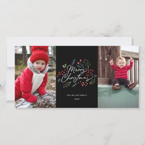 Colorful Doodles Merry Christmas 2 Photo Black Holiday Card