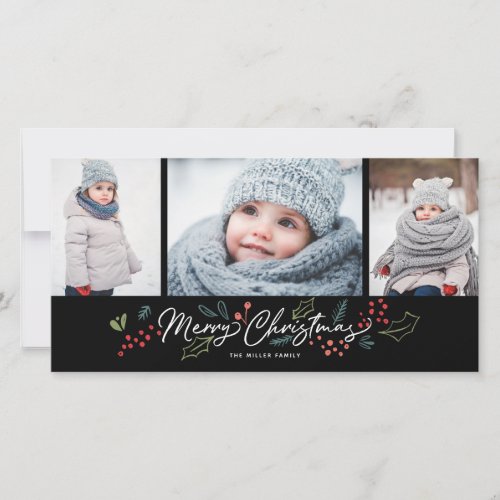 Colorful Doodles Merry Christmas 3 Photo Black Holiday Card