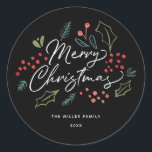 Colorful Doodles Merry Christmas Name Black Classic Round Sticker<br><div class="desc">This bright and colorful photo holiday sticker features our illustrated holiday foliage doodles and says "Merry Christmas" in a modern brush script. Perfect for envelope seals or gift wrapping. This design is part of a collection.</div>
