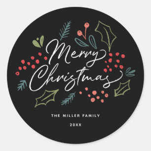 Colorful Doodles Merry Christmas Name Black Classic Round Sticker