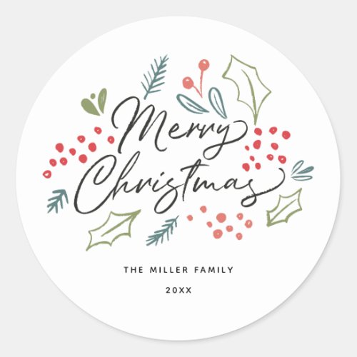 Colorful Doodles Merry Christmas Name Classic Round Sticker