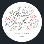Colorful Doodles Merry Christmas Name Classic Round Sticker<br><div class="desc">This bright and colorful photo holiday sticker features our illustrated holiday foliage doodles and says "Merry Christmas" in a modern brush script. Perfect for envelope seals or gift wrapping. This design is part of a collection.</div>