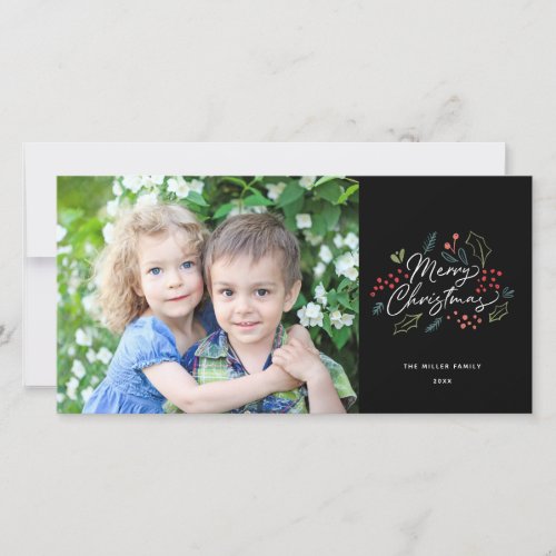 Colorful Doodles Merry Christmas Photo Black Holiday Card