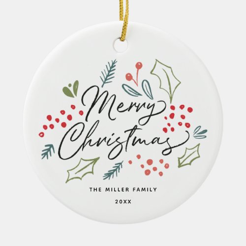 Colorful Doodles Merry Christmas  Photo on Back Ceramic Ornament