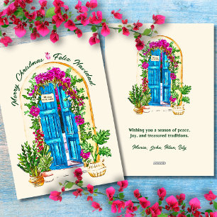 Colorful Door & Bougainvilleas Mexican Christmas Holiday Card