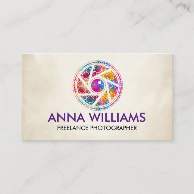 Colorful Dot Art Camera Shutter Business Card (Front)