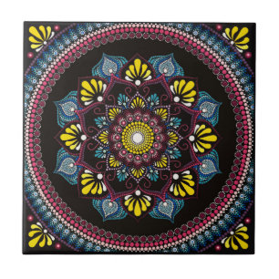 Colorful Dot Art Mandala   Sacred Geometry Boho Ceramic Tile