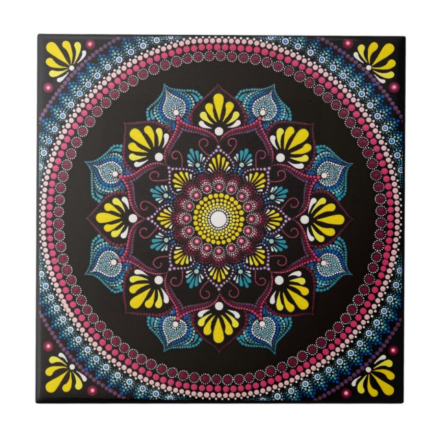 Colorful Dot Art Mandala | Sacred Geometry Boho Ceramic Tile (Front)