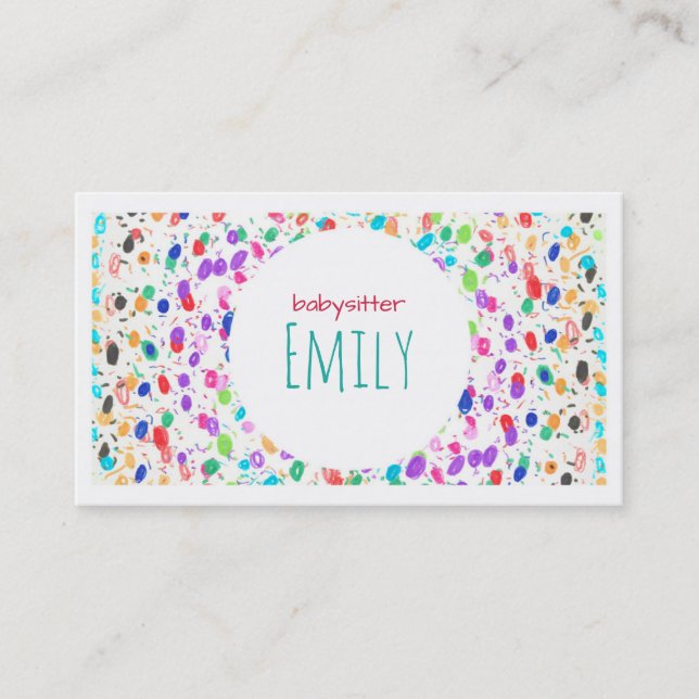 Colorful Dot Sketch Babysitter Business Card (Front)