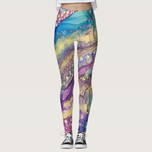 Colorful Dots Alcohol Ink Liquid Abstract Art Leggings