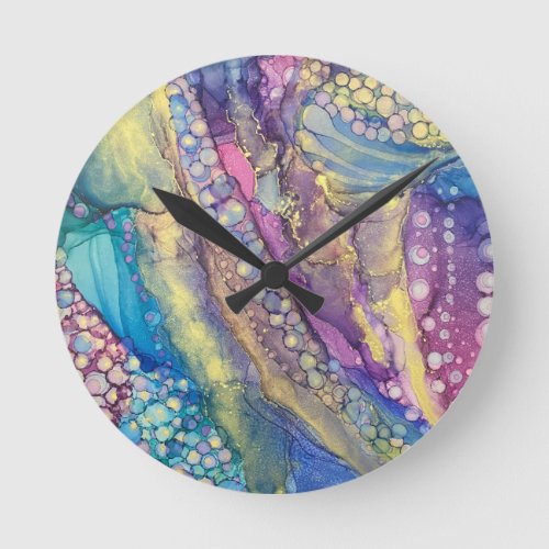 Colorful Dots Alcohol Ink Liquid Abstract Art Round Clock