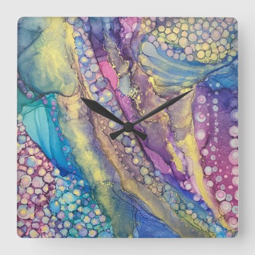Colorful Dots Alcohol Ink Liquid Abstract Art Square Wall Clock
