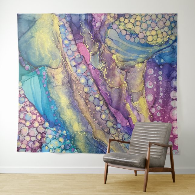 Colorful Dots Alcohol Ink Liquid Abstract Art Tapestry (In Situ (Horizontal))