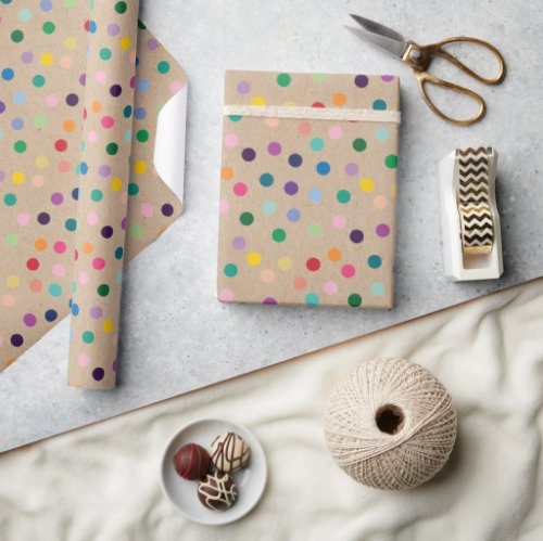 Colorful Dots Art On Rustic Faux Brown Kraft Wrapping Paper