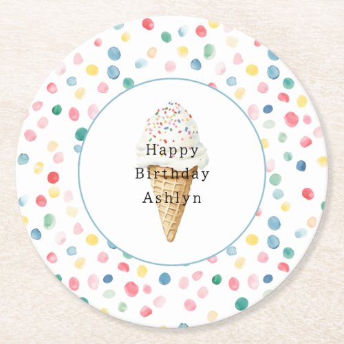 Colorful Dots Confetti Ice Cream Cone Birthday Round Paper Coaster