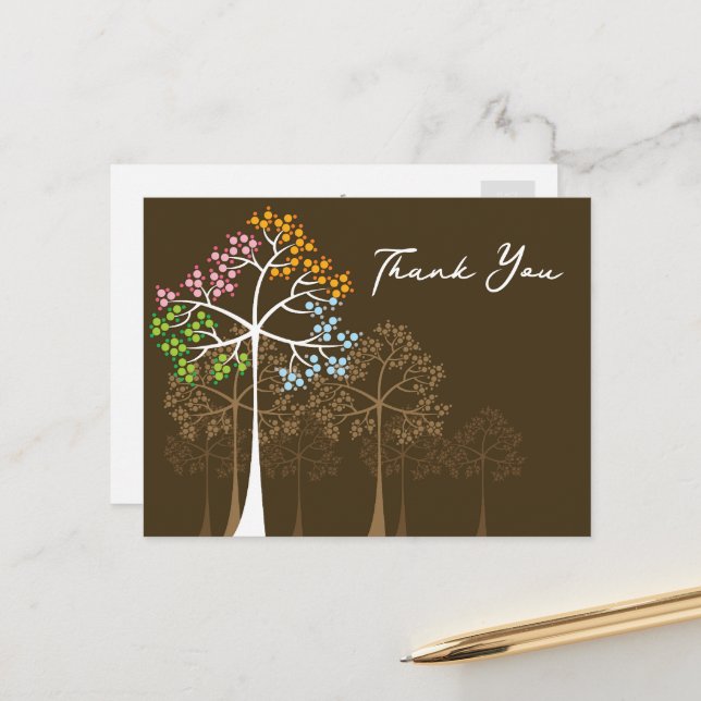Colorful Dots Four Seasons Trees Wedding Thank You Postcard (Front/Back In Situ)