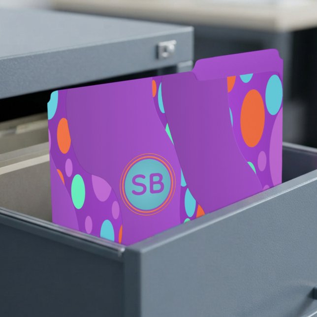 Colorful Dotted Monogram File Folders (Trendy purple files with dots and waves. Put your own initials on the front or whatever you need.)