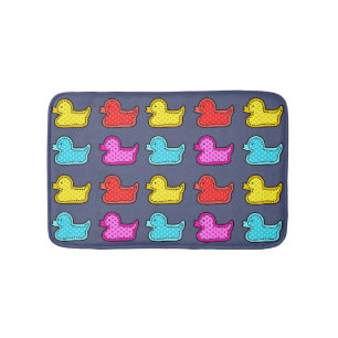 Colorful Dotty Duck Pattern on Blue Bath Mat