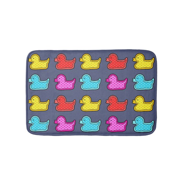 Colorful Dotty Duck Pattern on Blue  Bath Mat (Front)