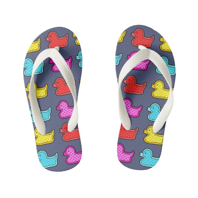 Colorful Dotty Duck Pattern on Blue Kid's Flip Flops (Footbed)