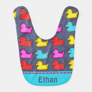 Colorful Dotty Duck Pattern Personalised Blue Baby Bib