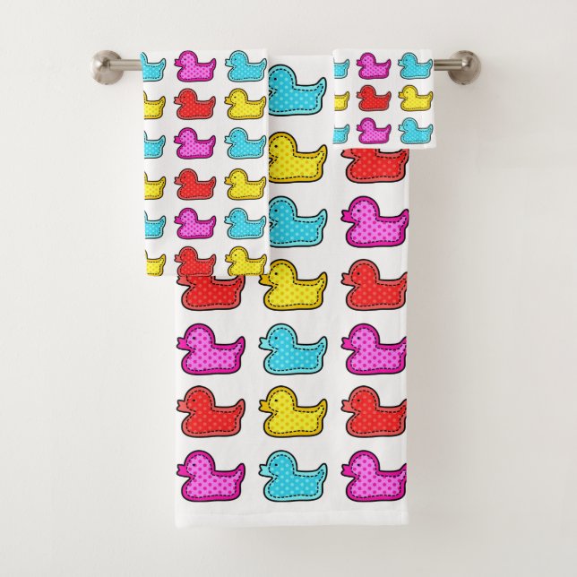 Colorful Dotty Duck Pattern White Bath Towel Set (Insitu)