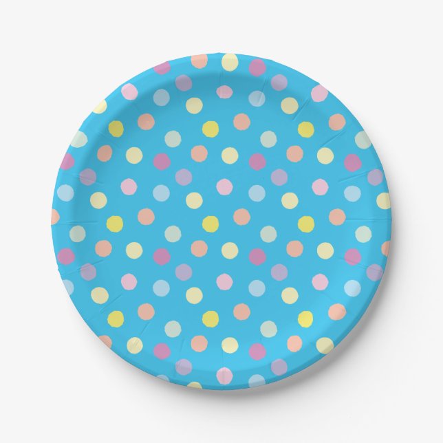 Colorful Dotty Pattern on Bright Blue Paper Plates (Front)