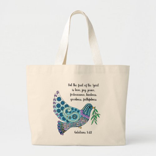 Colorful Dove w Verse about peace Galatians 522 Large Tote Bag