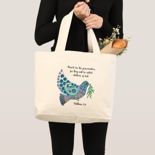 Colorful Dove w Verse about peace Matthew 59 Large Tote Bag