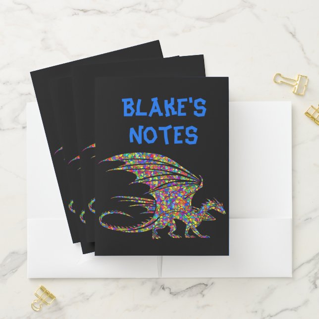 Colorful Dragon Blue Name Black Pocket Folder (In Situ)