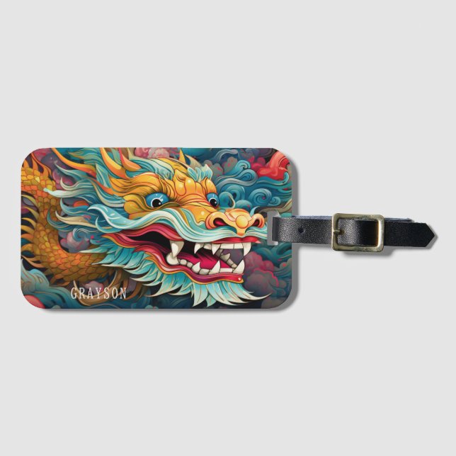 Colorful Dragon Modern Personalized Name Luggage Tag (Front Horizontal)