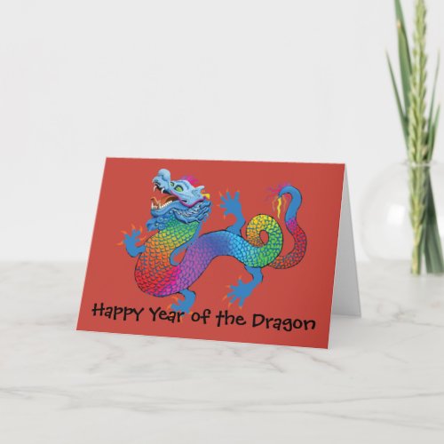 Colorful Dragon on red Chinese New Year Greeting C Holiday Card