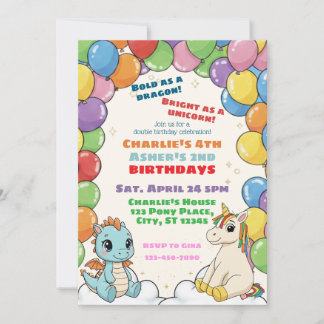 Colorful Dragon & Unicorn Double Celebration Invitation