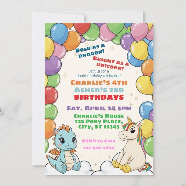 Colorful Dragon & Unicorn Double Celebration Invitation (Front)