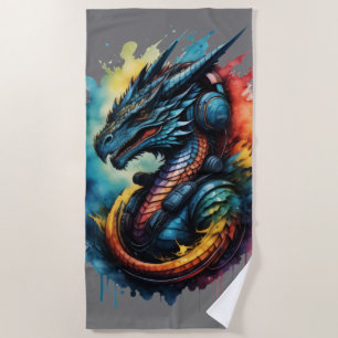 Colorful Dragon Wearing Headphones Music Gaming Beach Towel