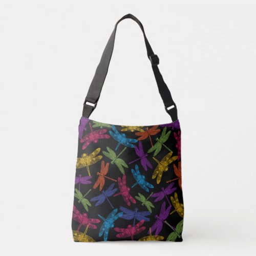 COLORFUL DRAGONFLIES ABSTRACT FLYING PATTERN CROSSBODY BAG