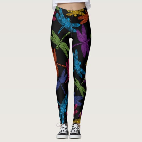 COLORFUL DRAGONFLIES ABSTRACT FLYING PATTERN LEGGINGS