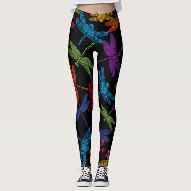 COLORFUL DRAGONFLIES ABSTRACT FLYING PATTERN LEGGINGS (Front)